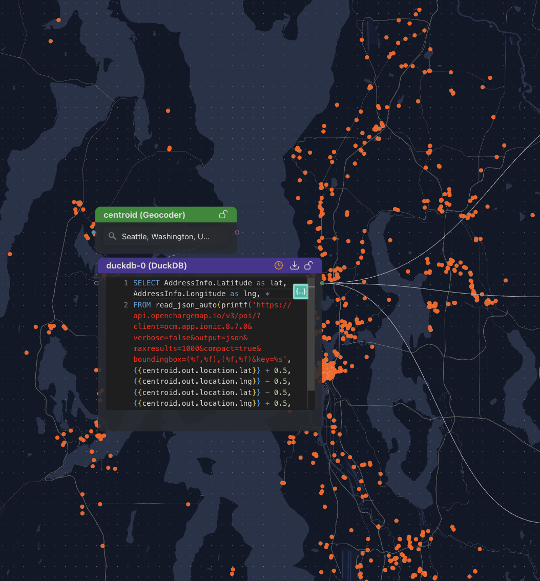 EV charging stations across the Pacific Northwest — live data loaded via DuckDB SQL